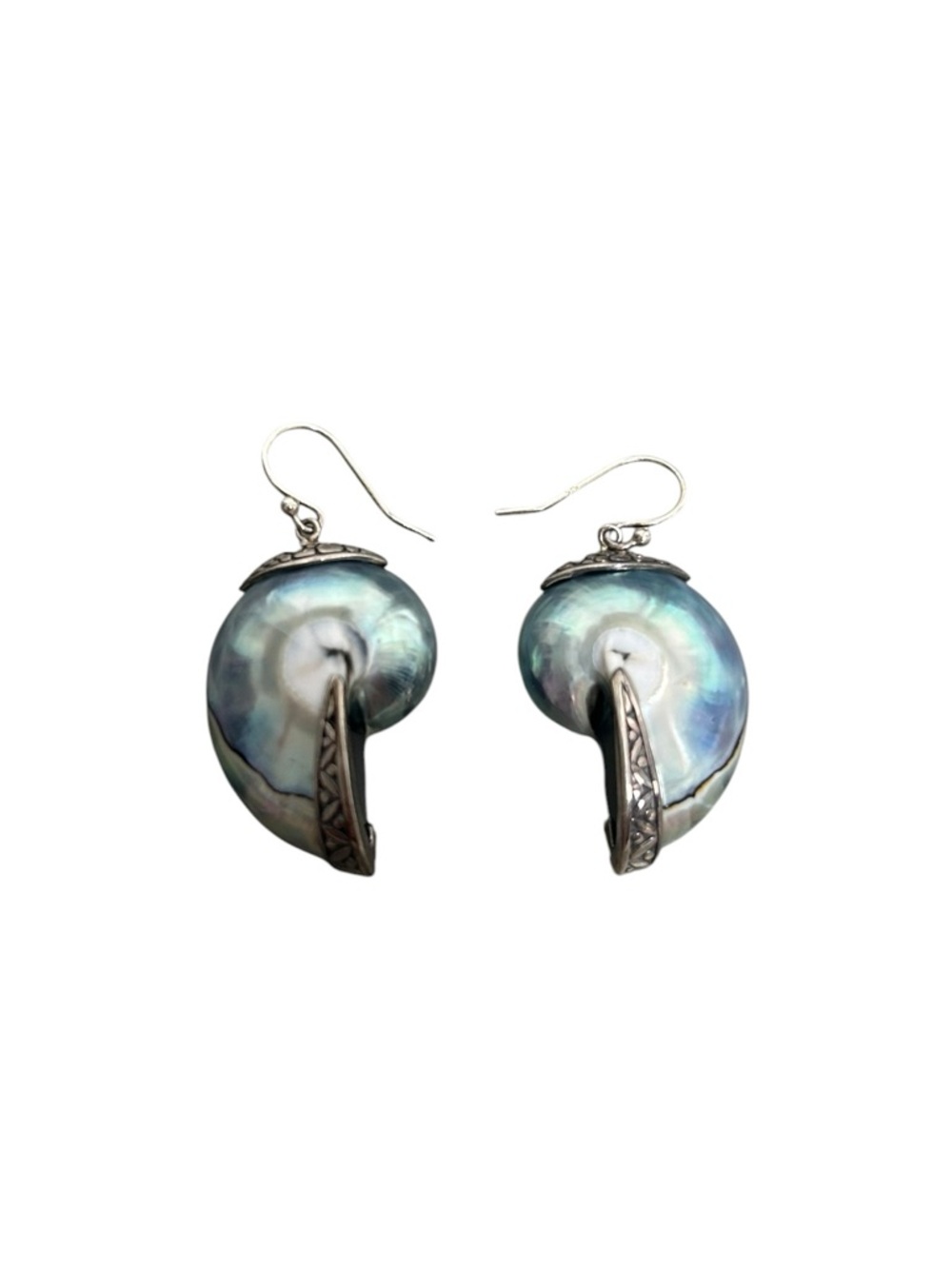 Samuel B Behnam 925 Sterling Silver Iridescent Blue Nautilus Shell Drop Earrings - Picture 2 of 8